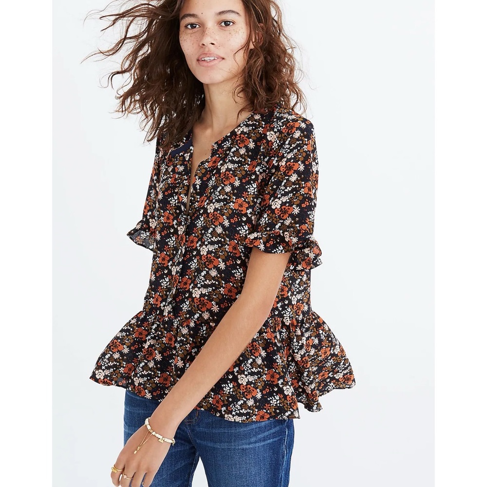 Madewell Silk Studio Ruffle-Hem Top in Prairie Blossoms Black Floral Spring